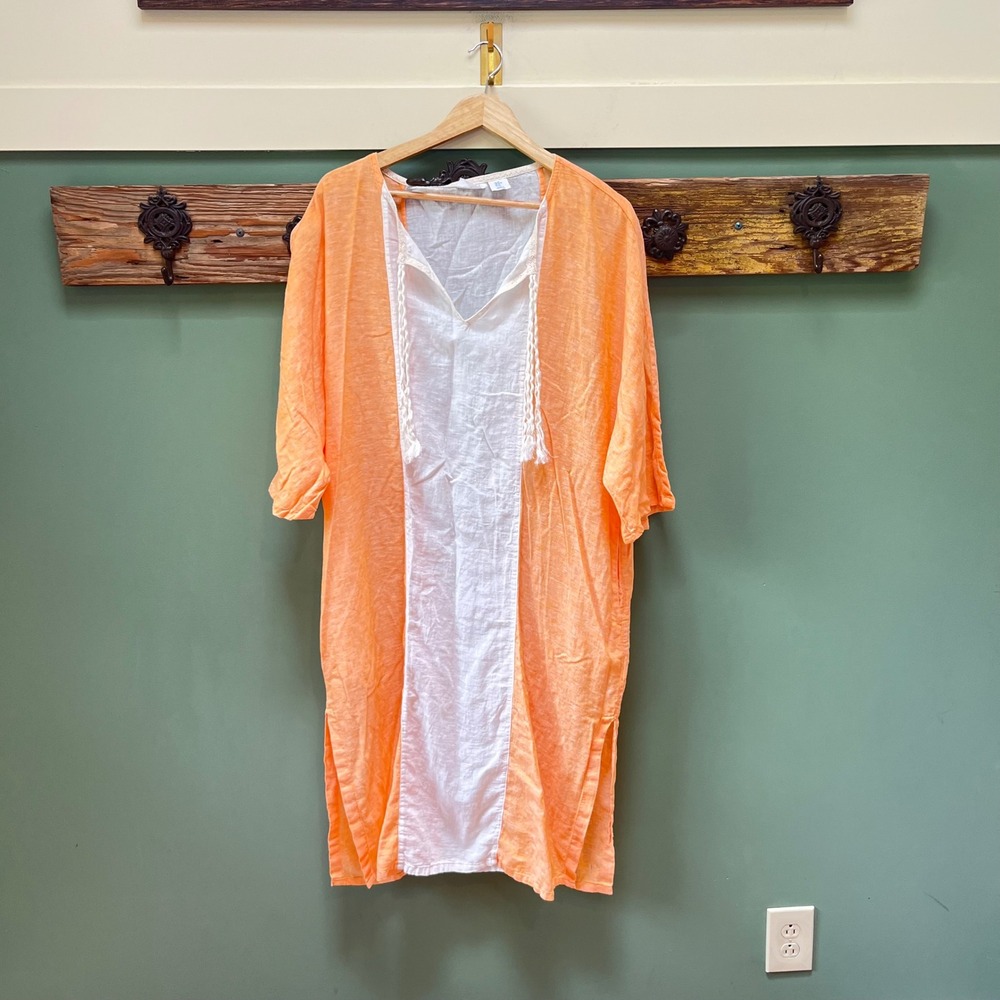 Sigrid Olsen Womens Orange White Linen Colorblock Tassel Tunic Dress Medium
